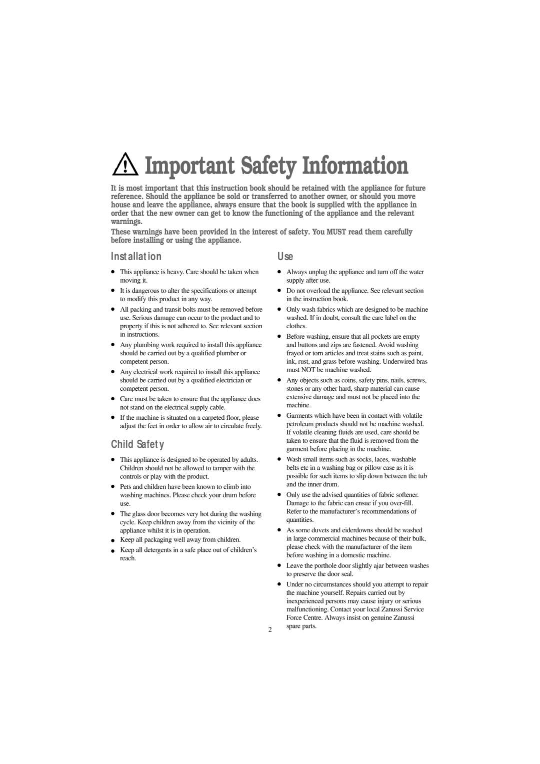 Zanussi ZJ 1217 manual Installation, Child Safety, Use 