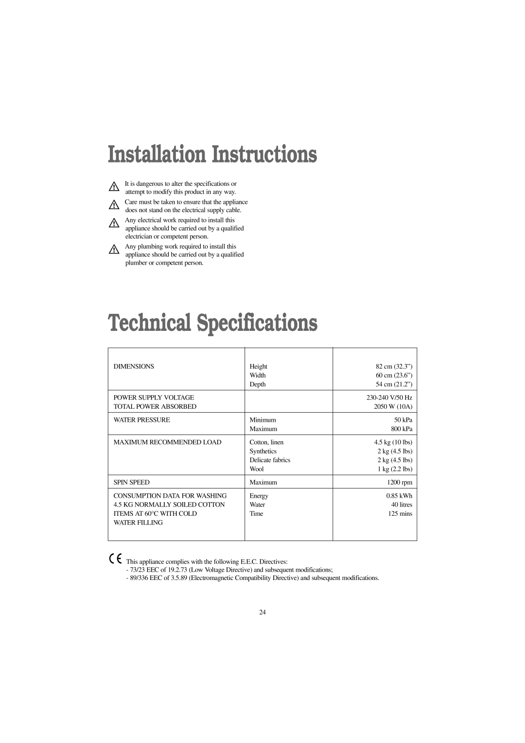 Zanussi ZJ 1217 manual Installation Instructions, Technical Specifications 