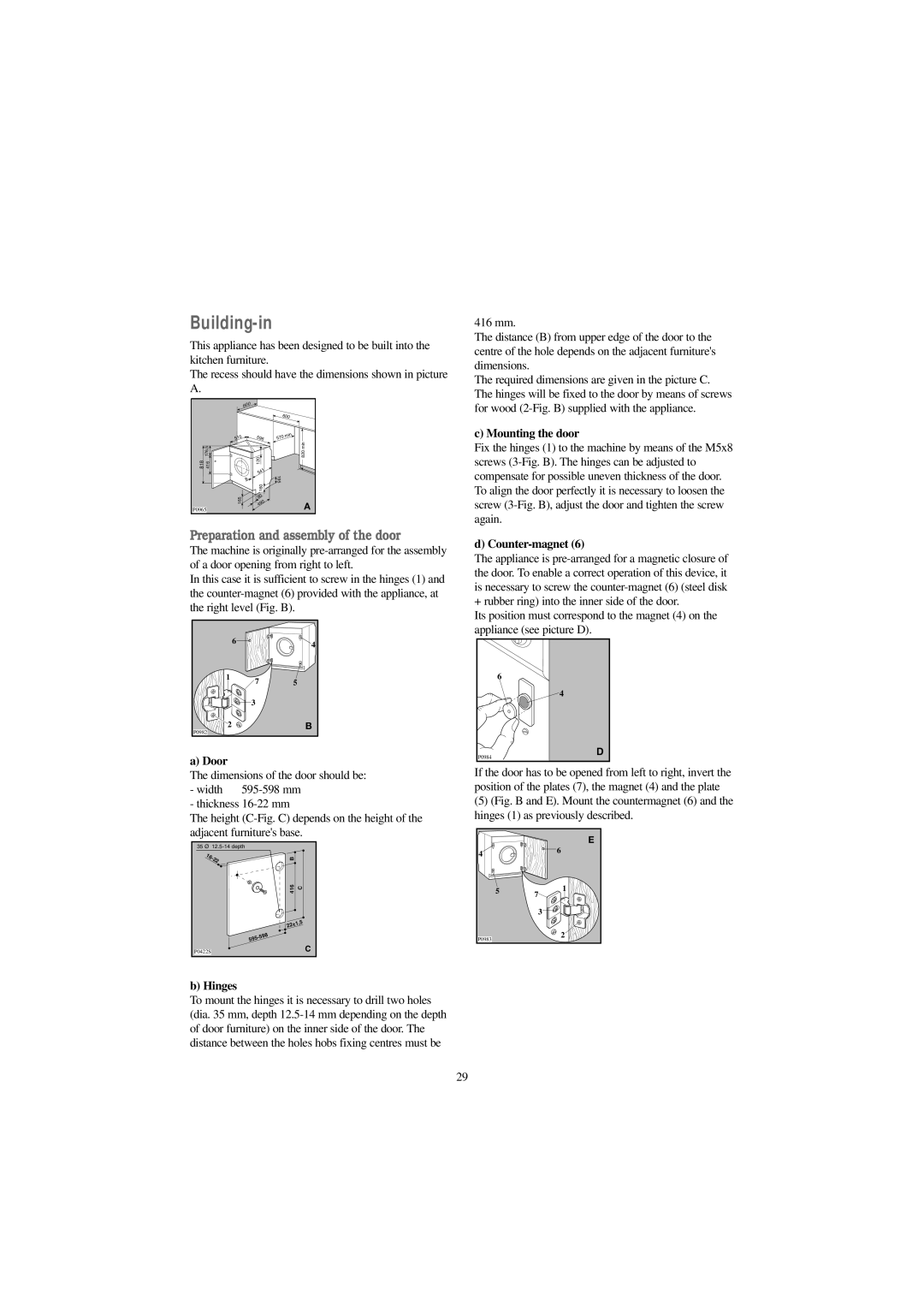 Zanussi ZJ 1217 manual Building-in, Preparation and assembly of the door 