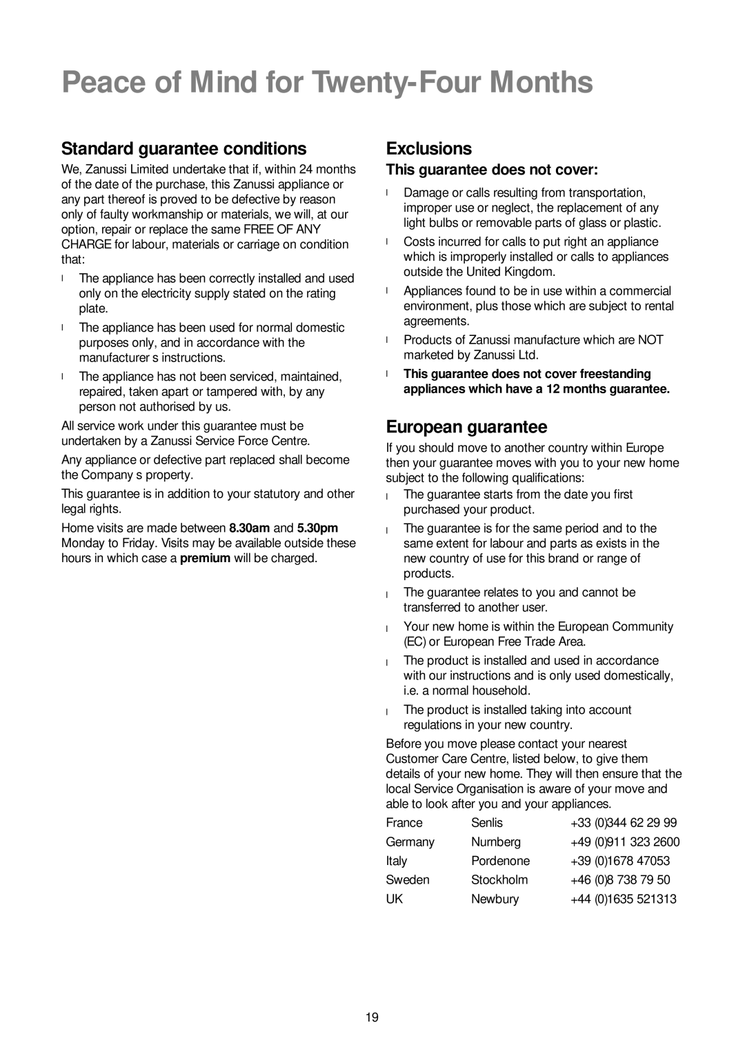 Zanussi ZJ 1284 manual Peace of Mind for Twenty-Four Months, Standard guarantee conditions, Exclusions, European guarantee 