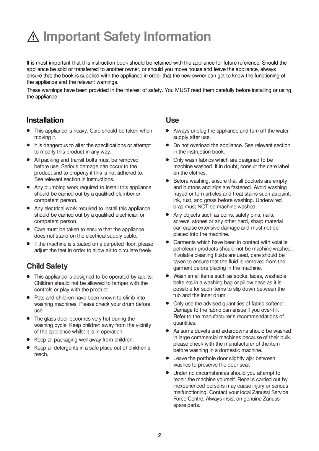 Zanussi ZJ 1284 manual Important Safety Information, Installation, Child Safety, Use 