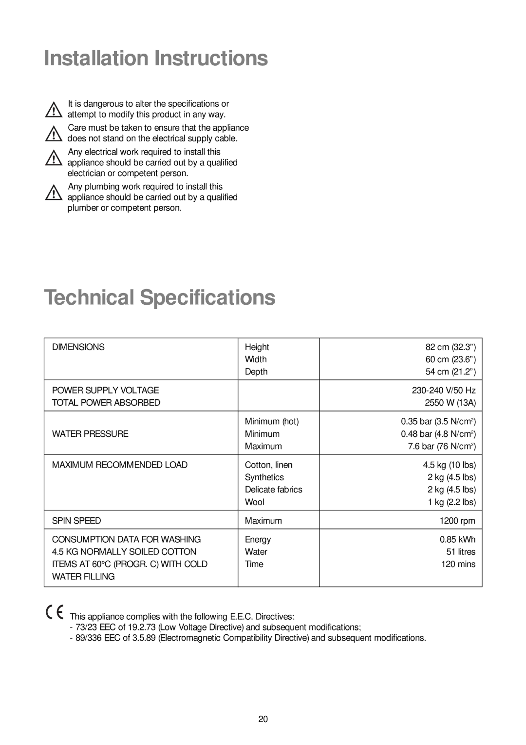 Zanussi ZJ 1284 manual Installation Instructions, Technical Specifications 