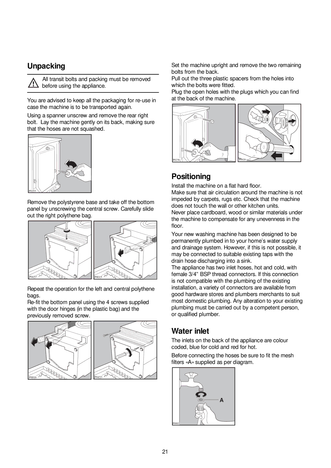 Zanussi ZJ 1284 manual Unpacking, Water inlet 