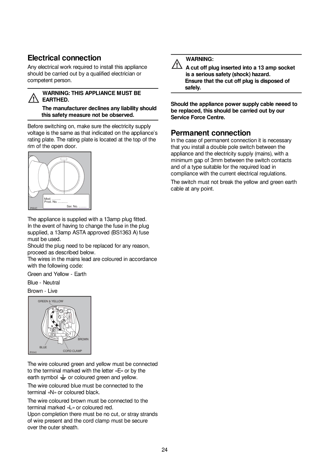 Zanussi ZJ 1284 manual Electrical connection, Permanent connection 