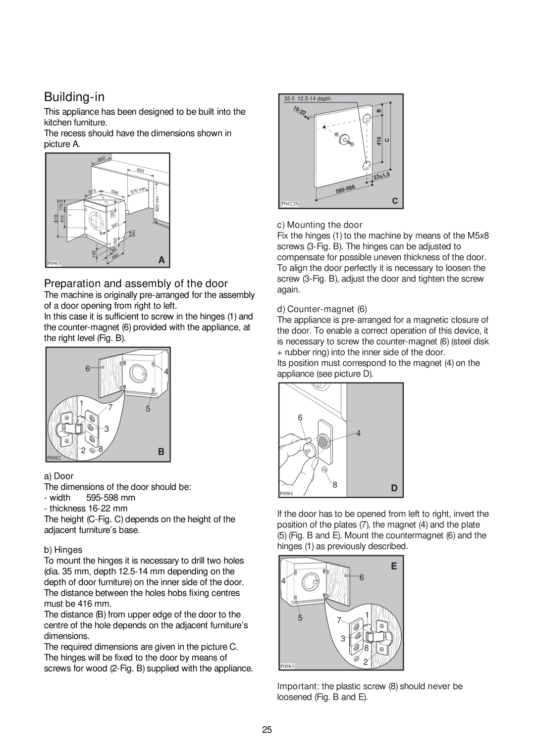 Zanussi ZJ 1284 manual Building-in, Door, Hinges, Mounting the door, Counter-magnet 