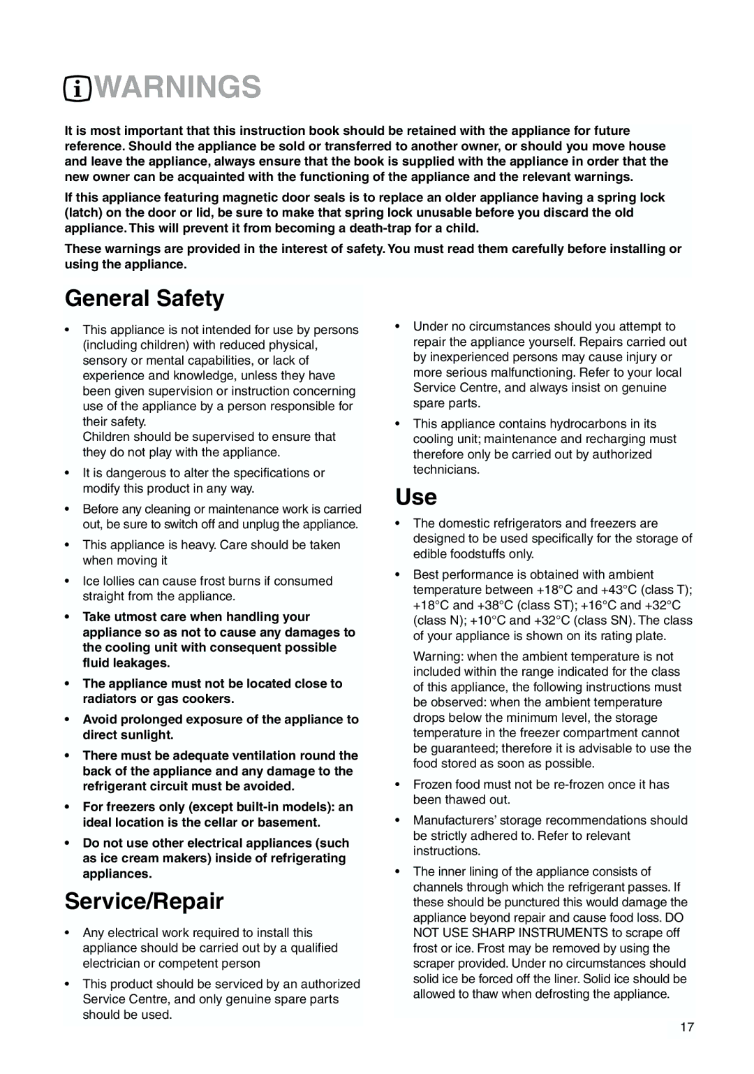 Zanussi ZJB 9476 X manual General Safety, Service/Repair, Use 