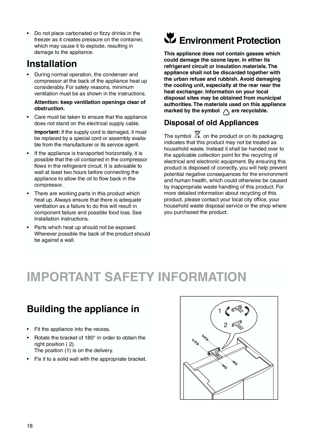 Zanussi ZJB 9476 X manual Important Safety Information, Installation, Environment Protection, Building the appliance 