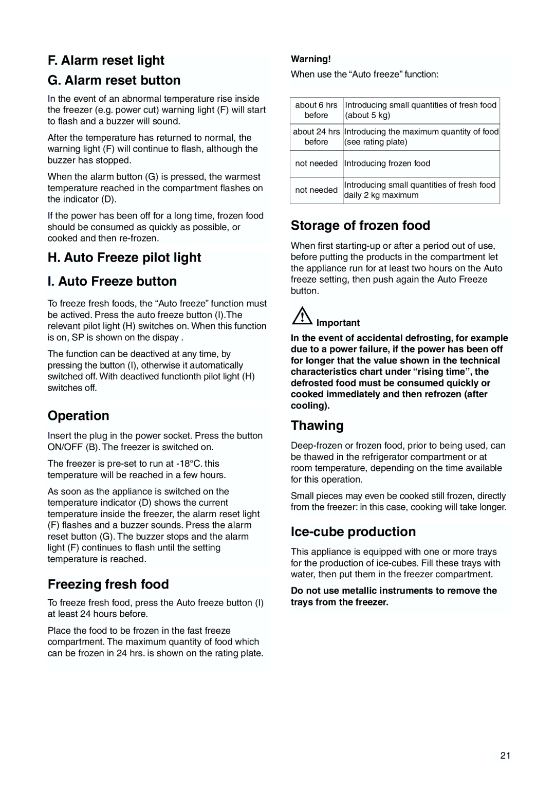 Zanussi ZJB 9476 X Alarm reset light Alarm reset button, Auto Freeze pilot light Auto Freeze button, Operation, Thawing 