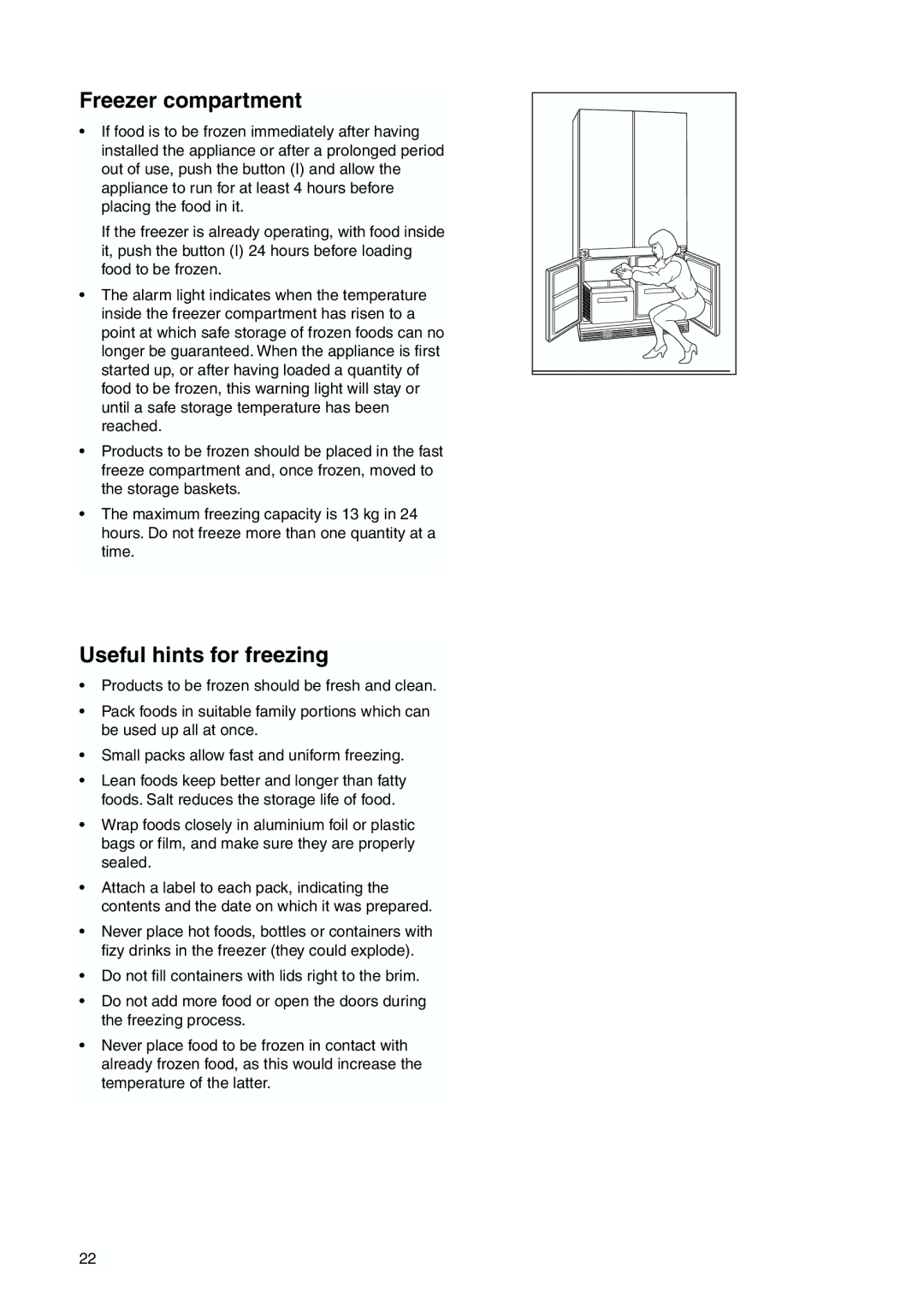 Zanussi ZJB 9476 X manual Freezer compartment, Useful hints for freezing 