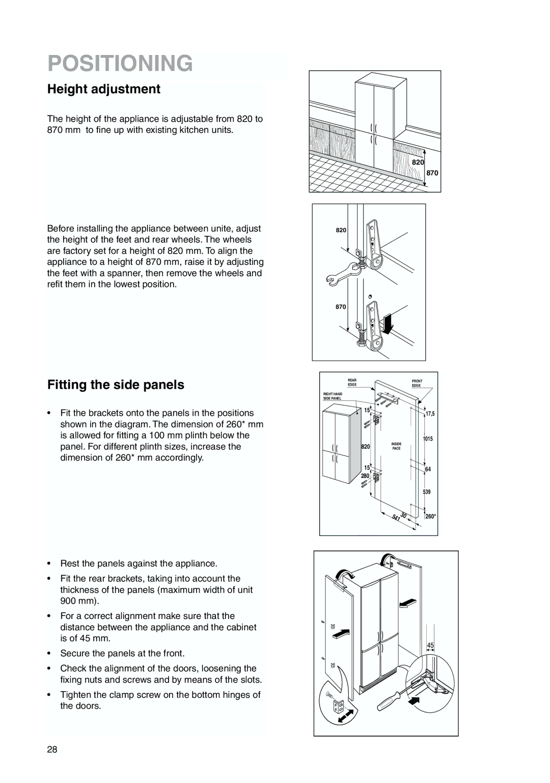 Zanussi ZJB 9476 X manual Positioning, Height adjustment, Fitting the side panels 