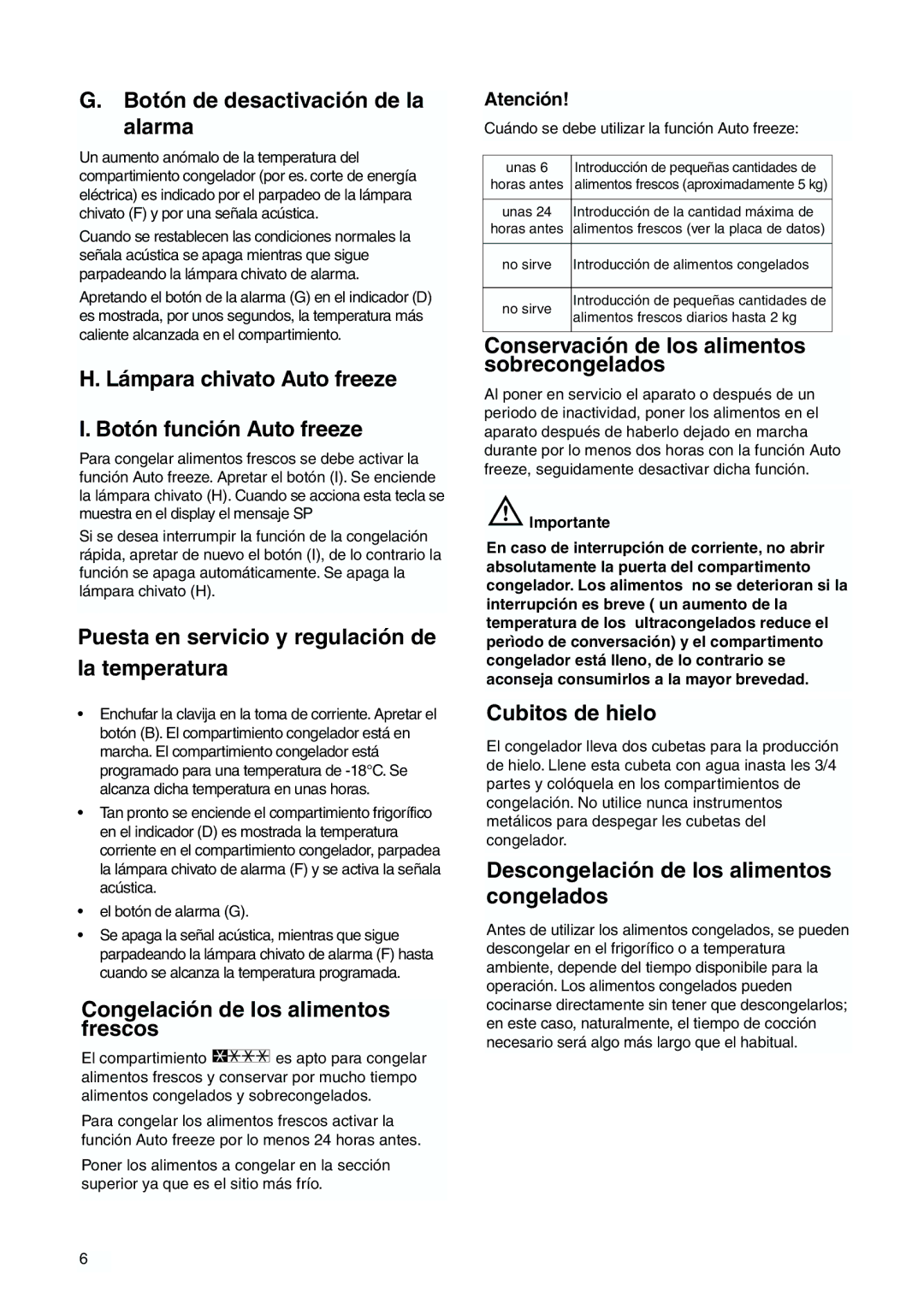 Zanussi ZJB 9476 X manual Botón de desactivación de la alarma, Lámpara chivato Auto freeze Botón función Auto freeze 