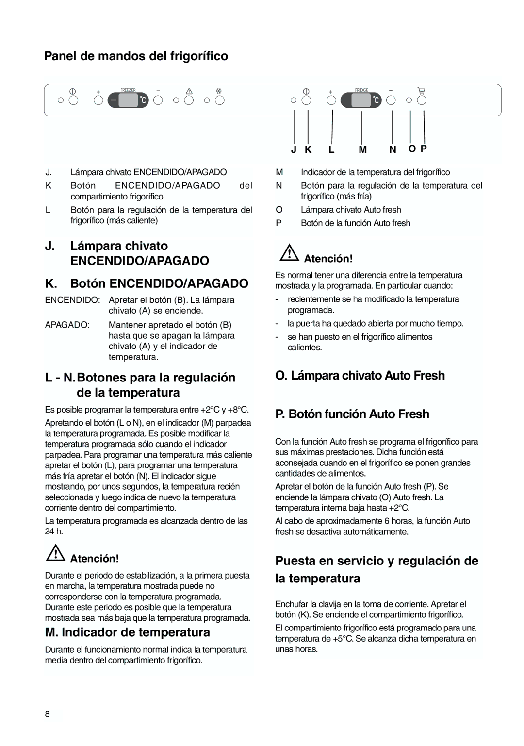 Zanussi ZJB 9476 X manual Panel de mandos del frigorífico, Lámpara chivato Auto Fresh Botón función Auto Fresh 