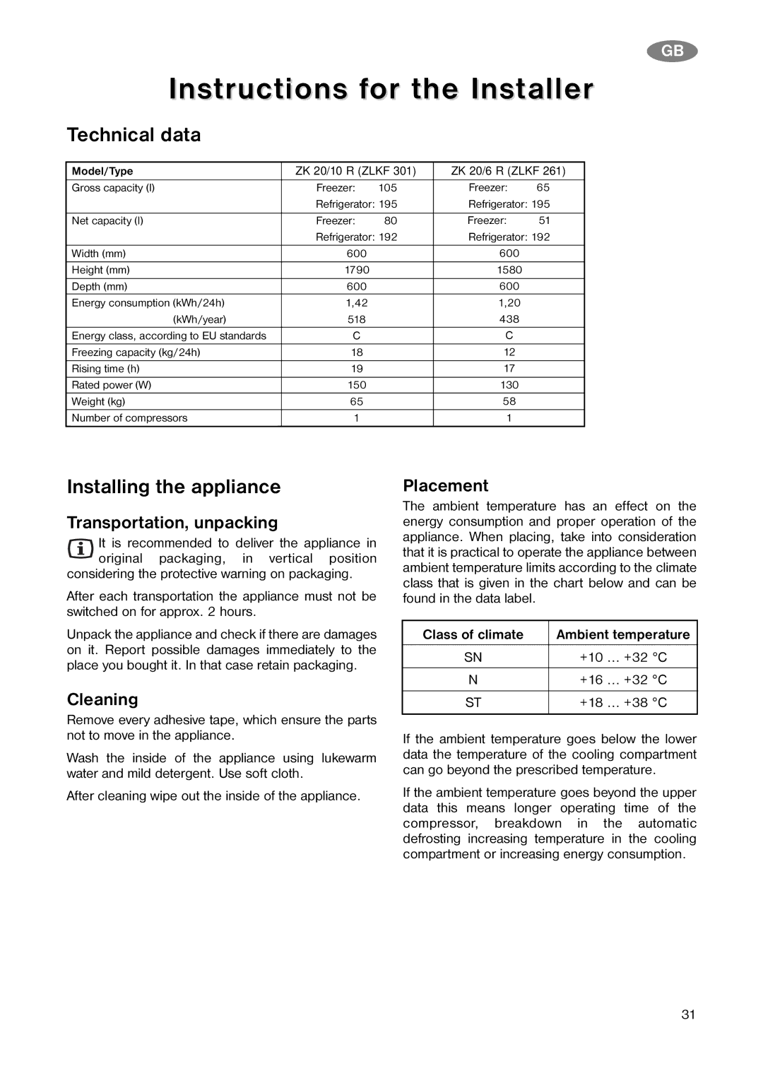 Zanussi ZK 20/10 R (ZLKF 301) manual Instructions for the Installer, Technical data, Installing the appliance 