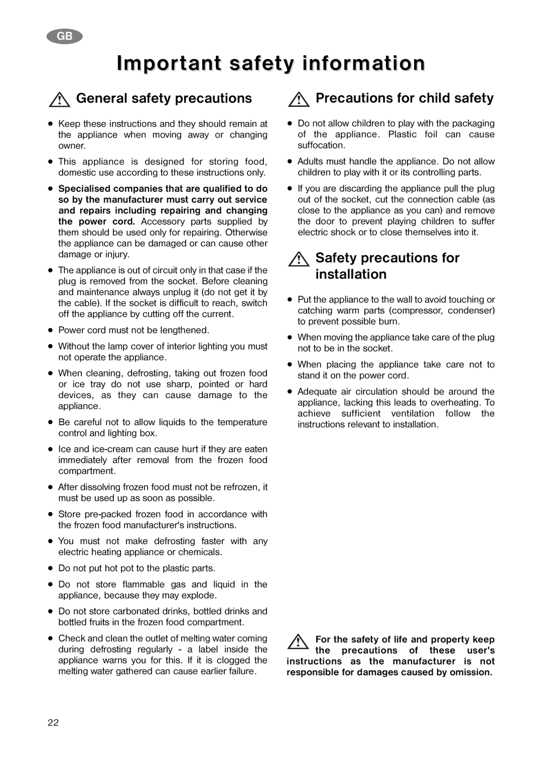 Zanussi ZK 20/6 R (ZLKF 261) Important safety information, General safety precautions, Safety precautions for installation 