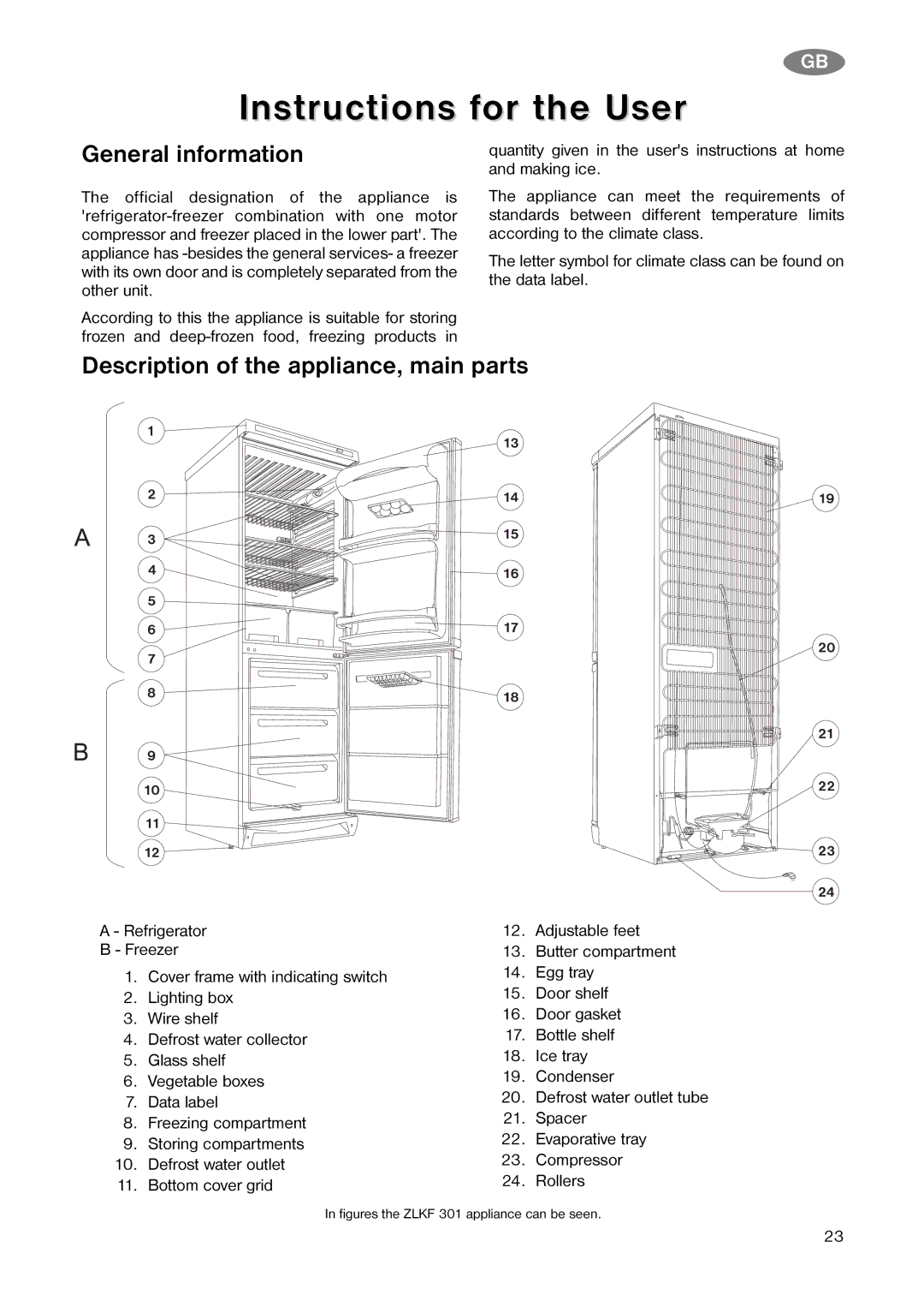 Zanussi ZK 20/10 R (ZLKF 301) Instructions for the User, General information, Description of the appliance, main parts 