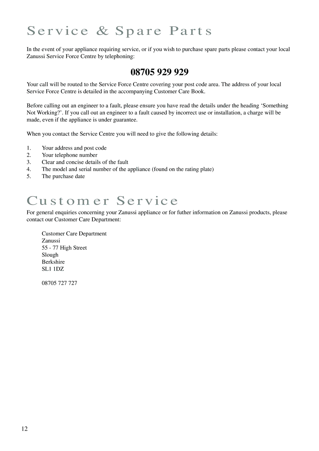 Zanussi ZK 24 FX manual Service & Spare Parts, Customer Service 