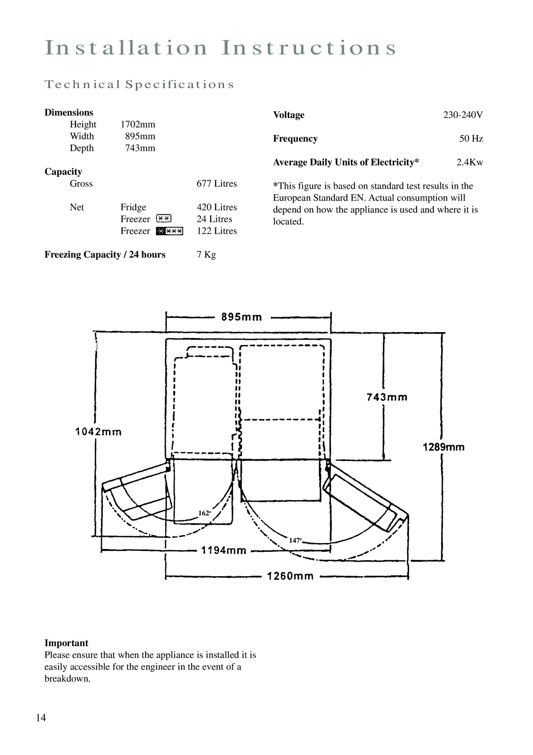 Zanussi ZK 24 FX manual Installation Instructions, Dimensions, Capacity 