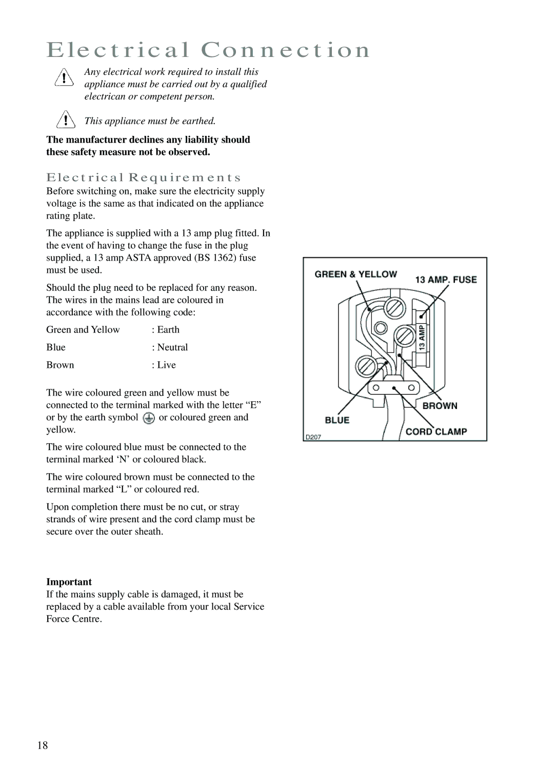 Zanussi ZK 24 FX manual Electrical Connection, Electrical Requirements 