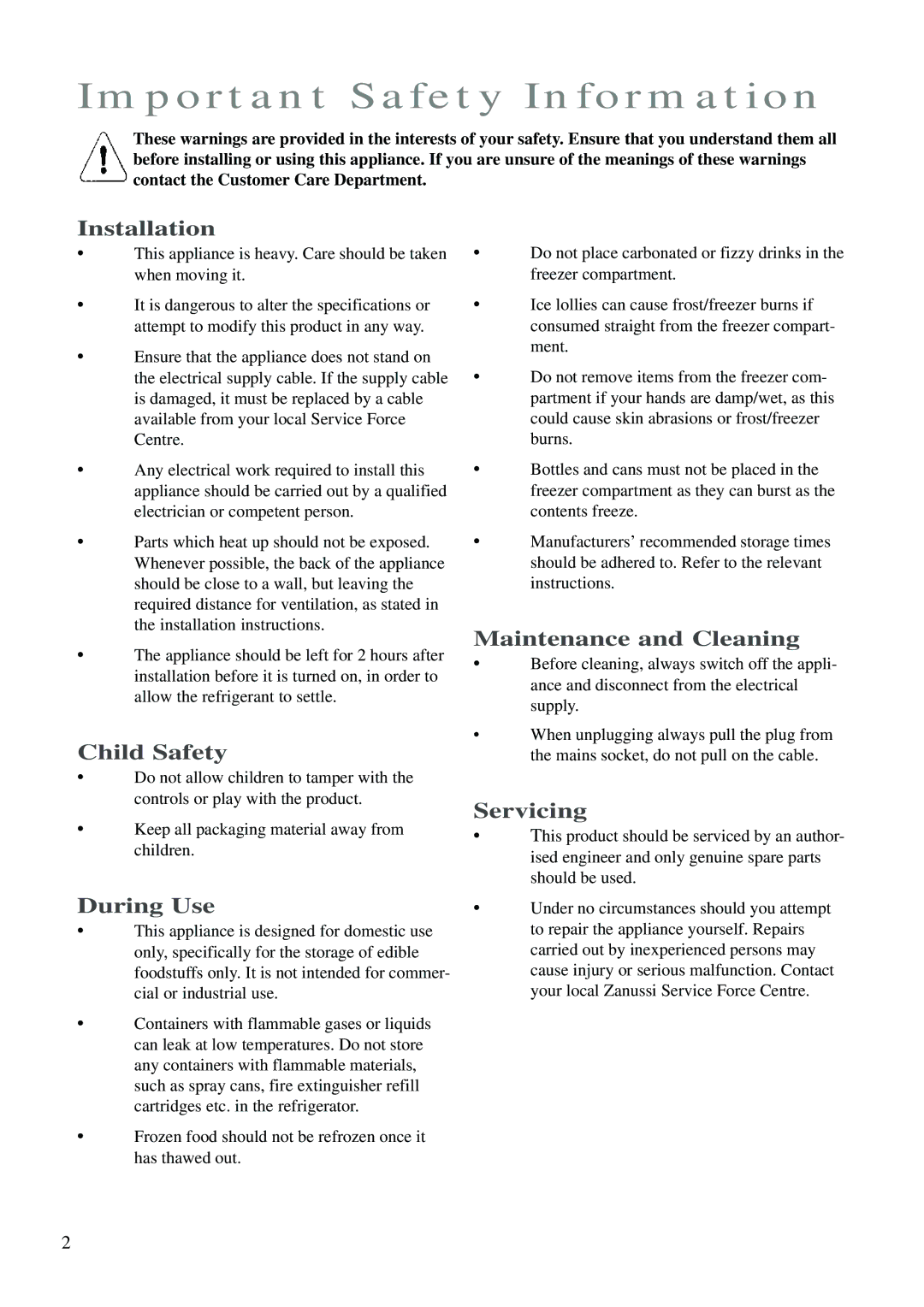 Zanussi ZK 24 FX manual Important Safety Information 