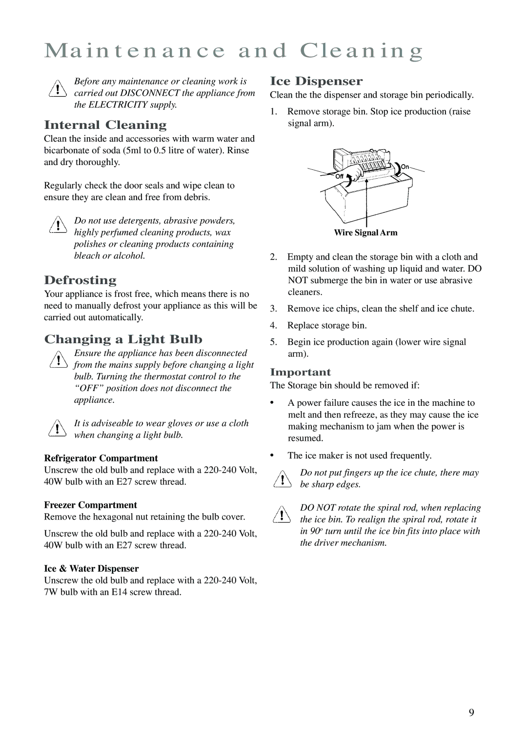 Zanussi ZK 24 FX manual Maintenance and Cleaning, Internal Cleaning, Defrosting, Ice Dispenser, Changing a Light Bulb 