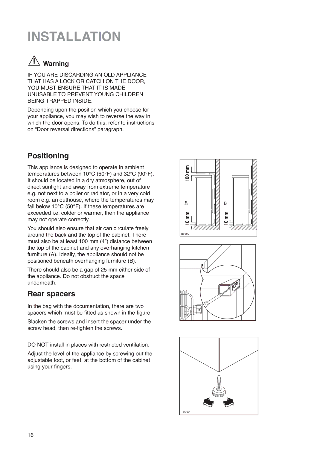 Zanussi ZK 47/52 RF manual Installation, Positioning, Rear spacers 