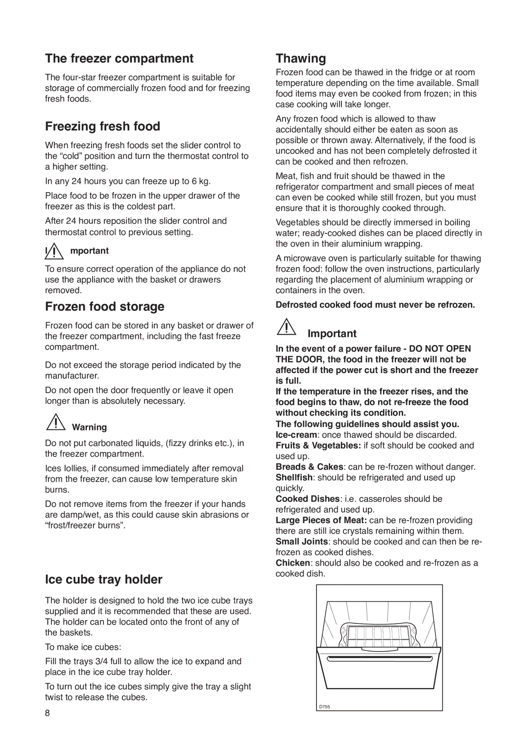 Zanussi ZK 47/52 RF manual Freezer compartment, Freezing fresh food, Frozen food storage, Ice cube tray holder, Thawing 