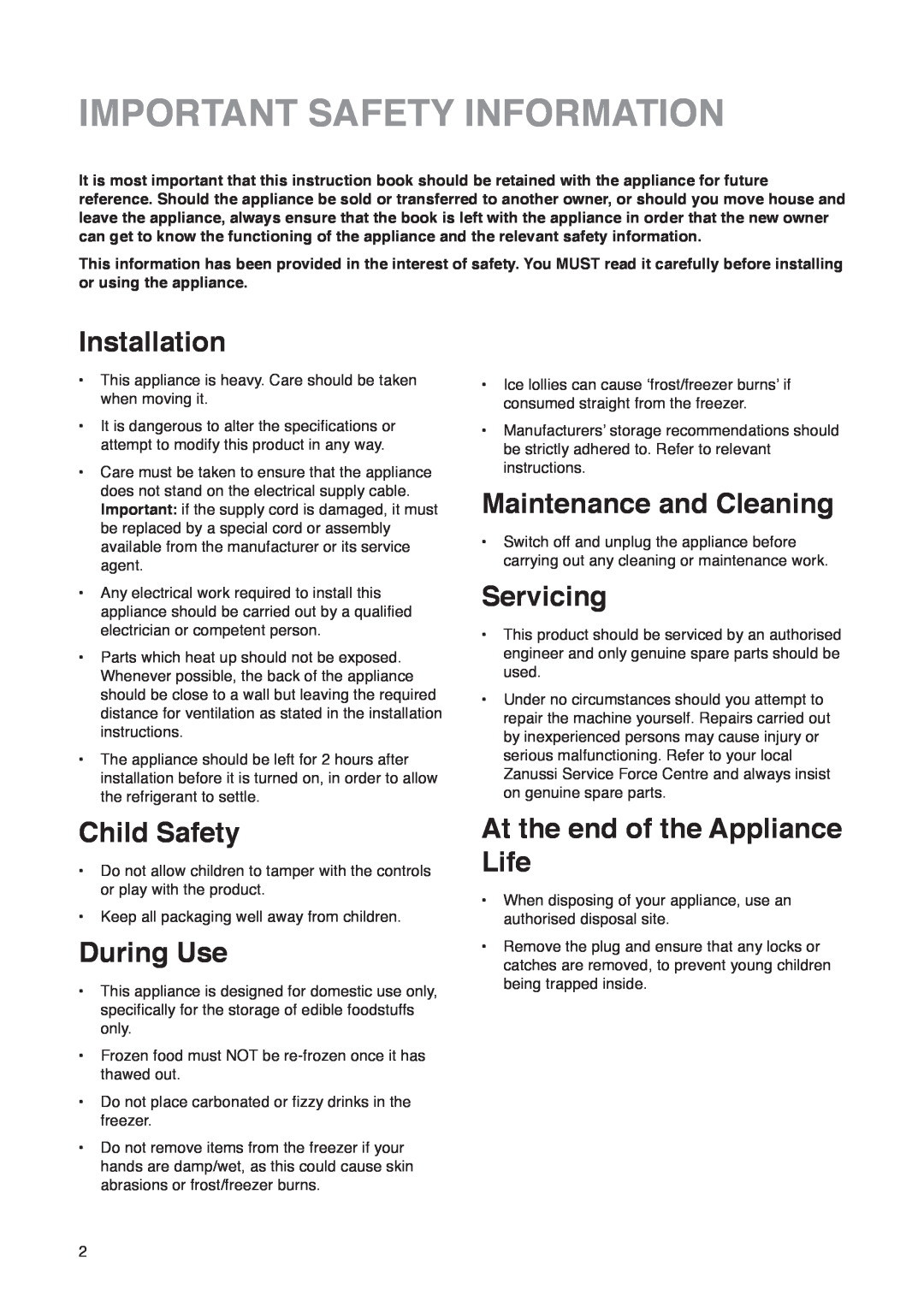 Zanussi ZK 47/52 RF manual Important Safety Information, Installation, Maintenance and Cleaning, Servicing, Child Safety 
