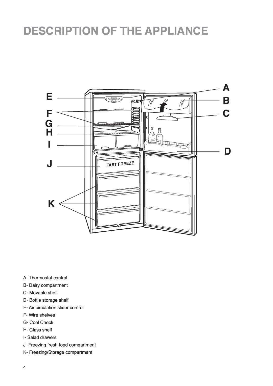 Zanussi ZK 47/52 RF manual Description Of The Appliance, F G H I J K, A B C D, Cool Flow System, Coldest Cold 