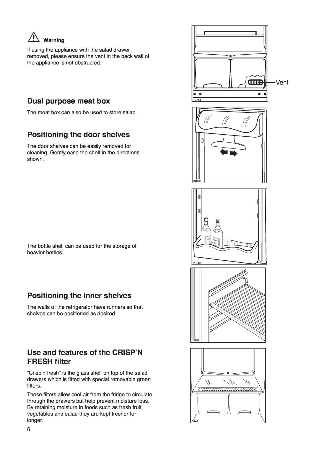 Zanussi ZK 47/52 RF manual Dual purpose meat box, Positioning the door shelves, Positioning the inner shelves, Vent 