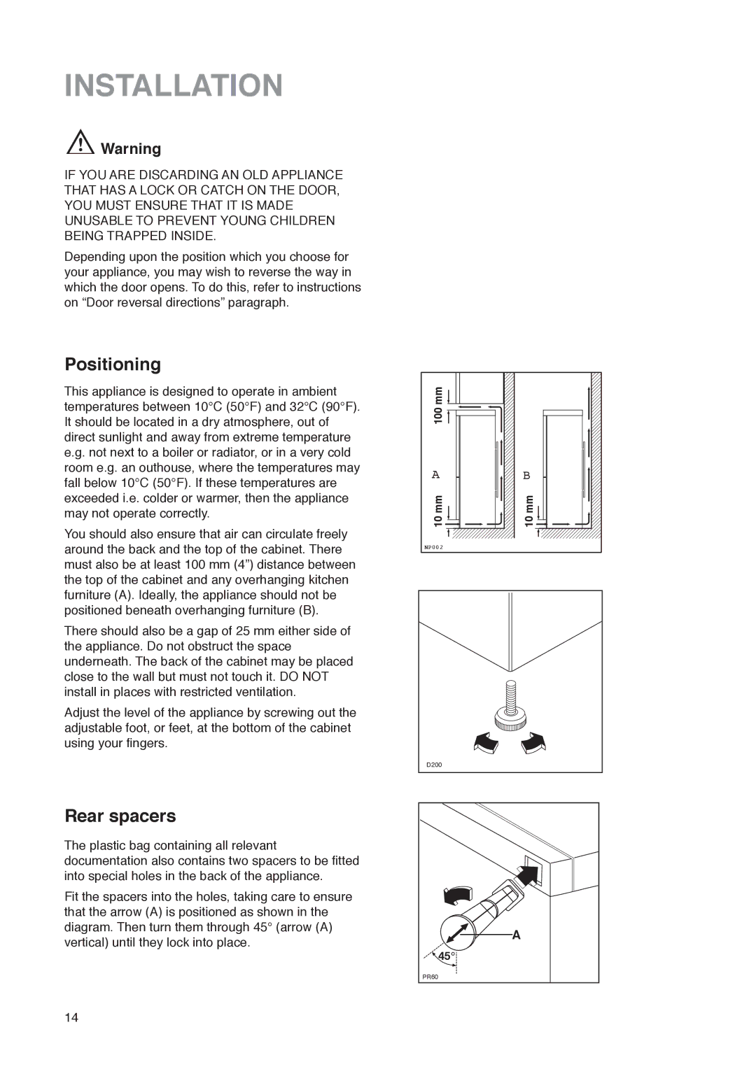 Zanussi ZK 53/37 R manual Installation, Positioning, Rear spacers 