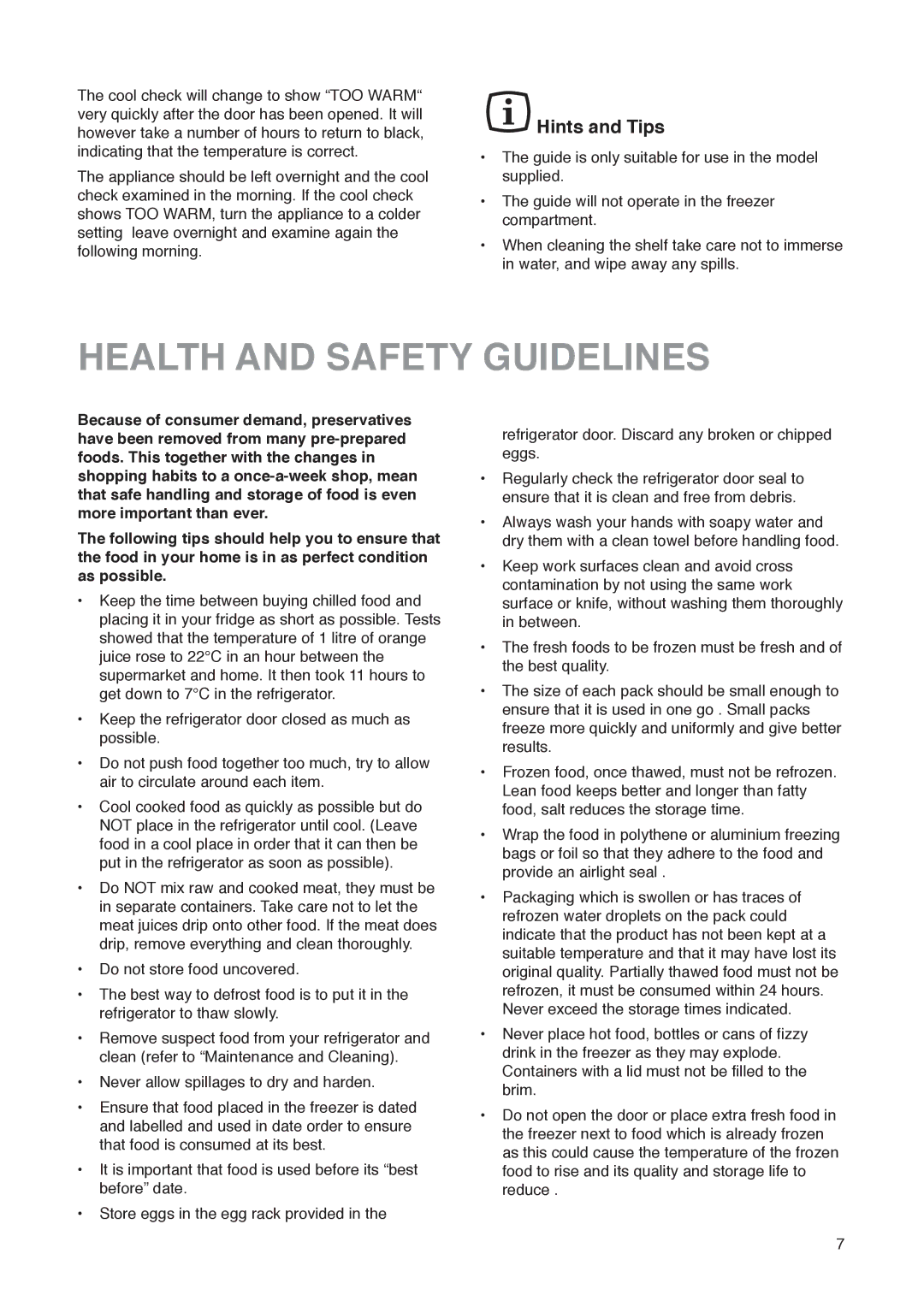 Zanussi ZK 53/37 R manual Health and Safety Guidelines, Hints and Tips 