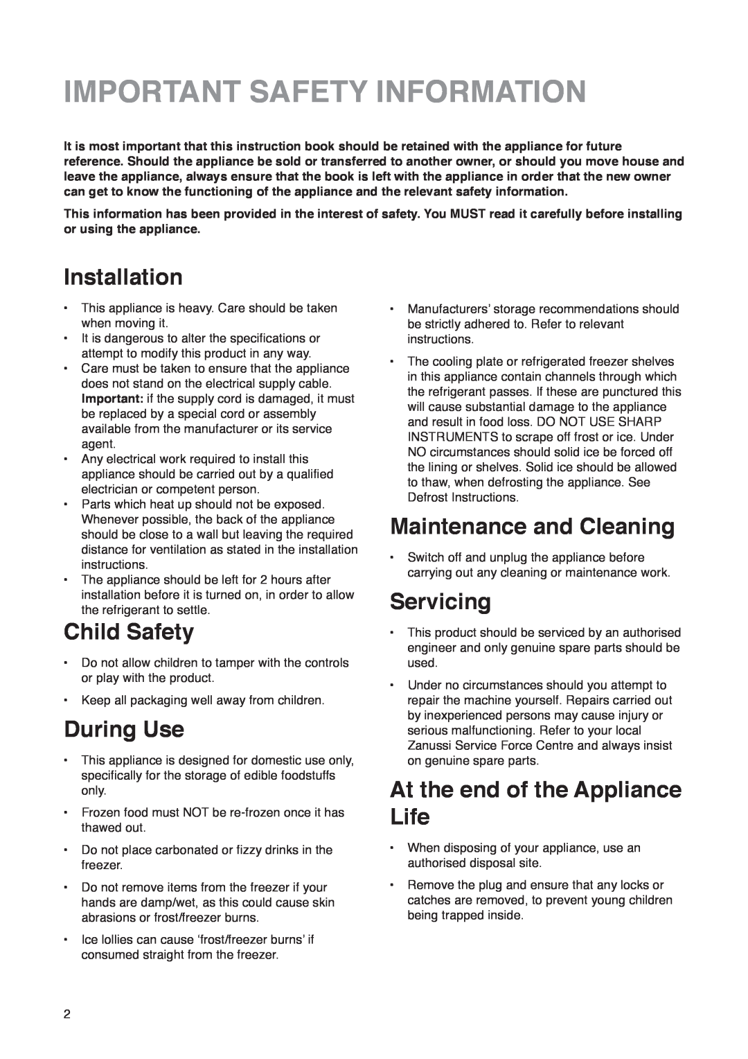 Zanussi ZK 53/37 R manual Important Safety Information, Installation, Child Safety, During Use, Maintenance and Cleaning 