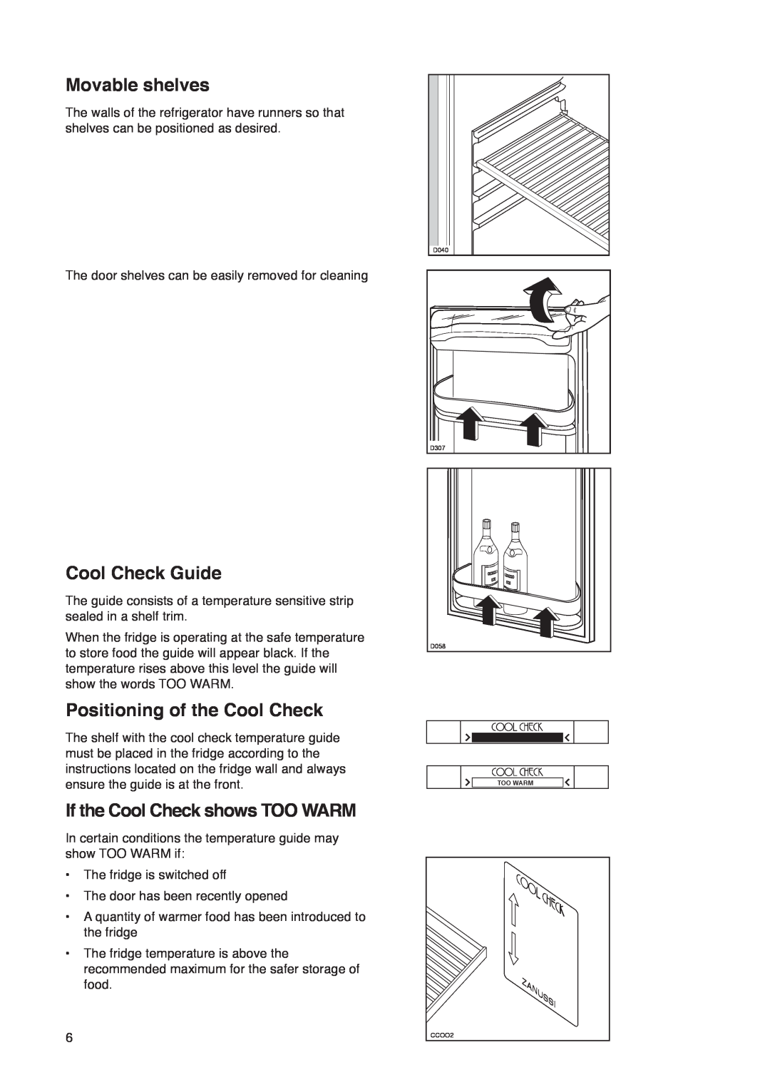 Zanussi ZK 53/37 R Movable shelves, Cool Check Guide, Positioning of the Cool Check, If the Cool Check shows TOO WARM 