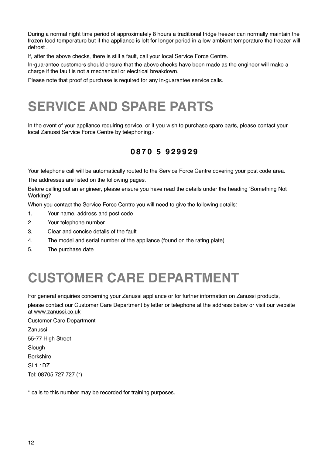 Zanussi ZK 57/38 R manual Service and Spare Parts, Customer Care Department, 7 0 5 9 2 9 9 2 