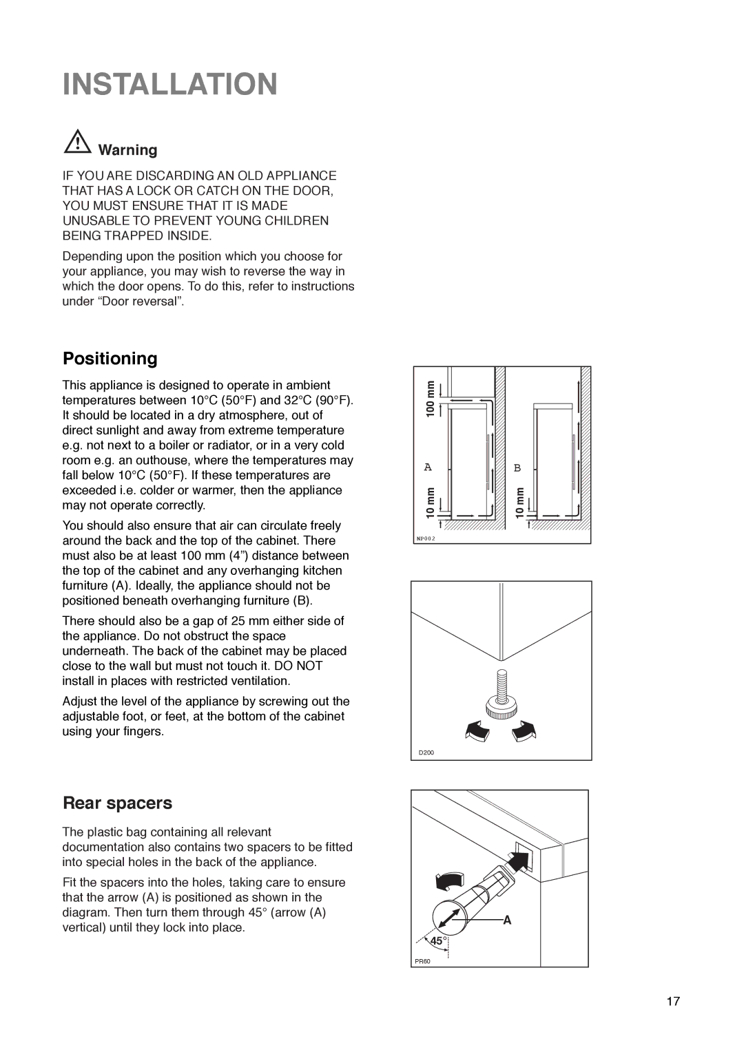 Zanussi ZK 57/38 R manual Installation, Positioning, Rear spacers 