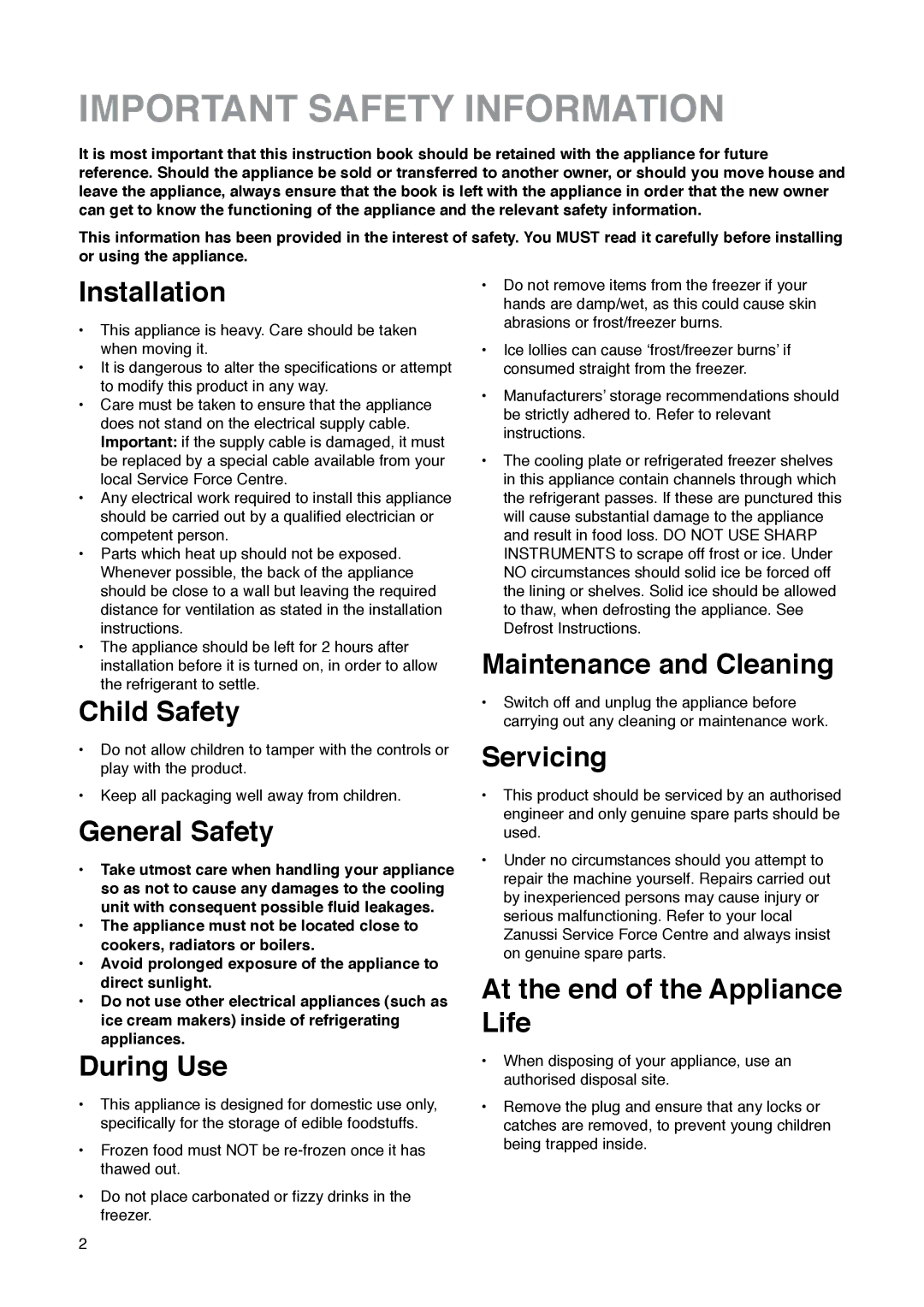 Zanussi ZK 57/38 R manual Important Safety Information, Installation 