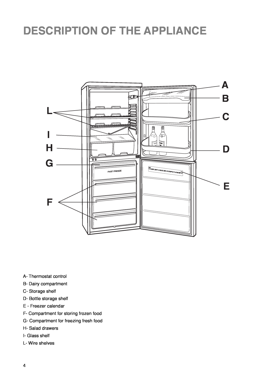 Zanussi ZK 57/38 R manual Description Of The Appliance, L I H G, A B C D, Fast, Freeze 