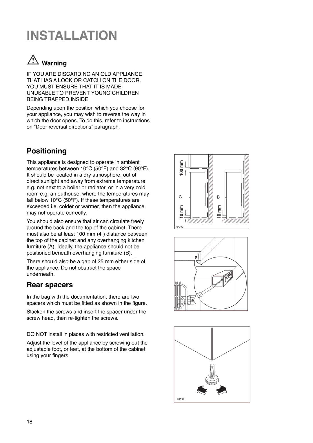 Zanussi ZK 59/32 RF manual Installation, Positioning, Rear spacers 