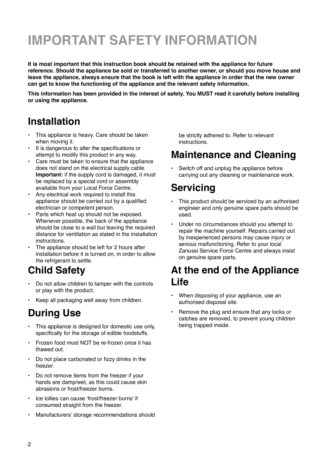 Zanussi ZK 59/32 RF manual Important Safety Information, Installation 