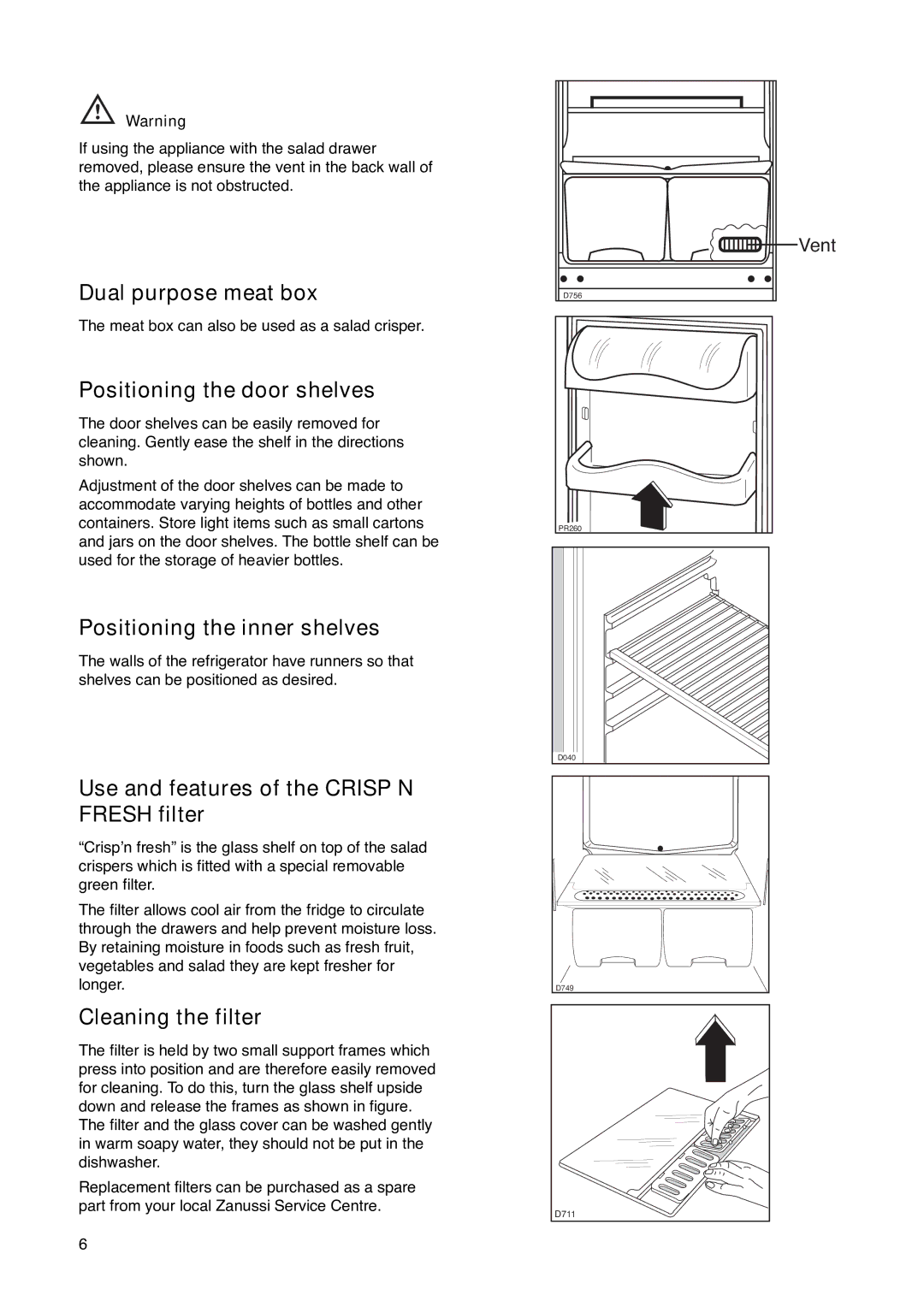 Zanussi ZK 59/32 RF manual Dual purpose meat box, Positioning the door shelves, Positioning the inner shelves 