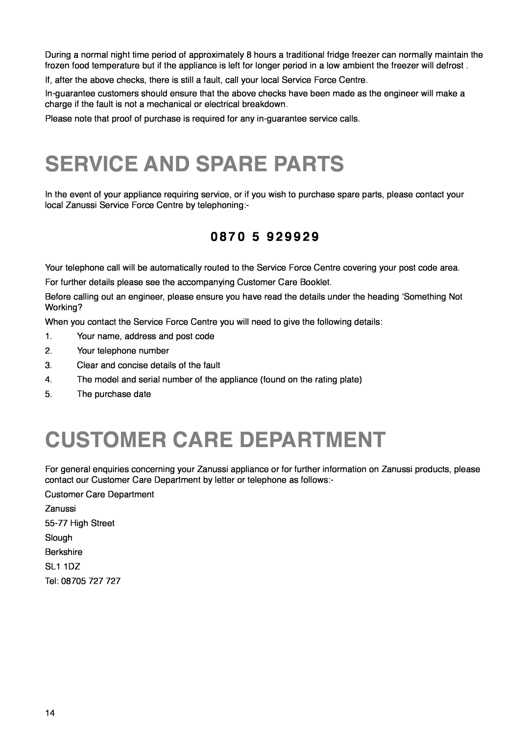 Zanussi ZK 60/30 RM manual Service And Spare Parts, Customer Care Department, 0 8 7 0 