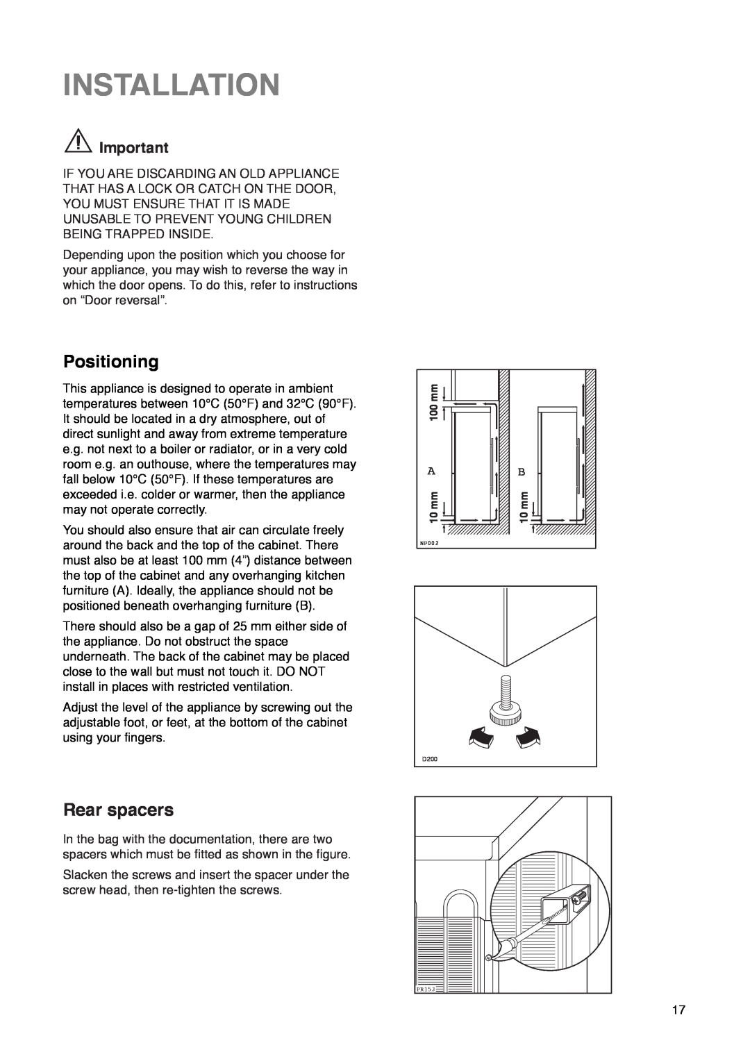 Zanussi ZK 60/30 RM manual Installation, Positioning, Rear spacers 