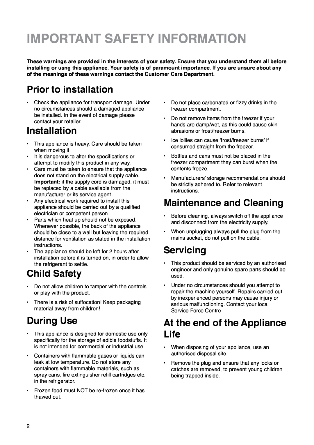 Zanussi ZK 60/30 RM Important Safety Information, Prior to installation, Installation, Child Safety, Servicing, During Use 