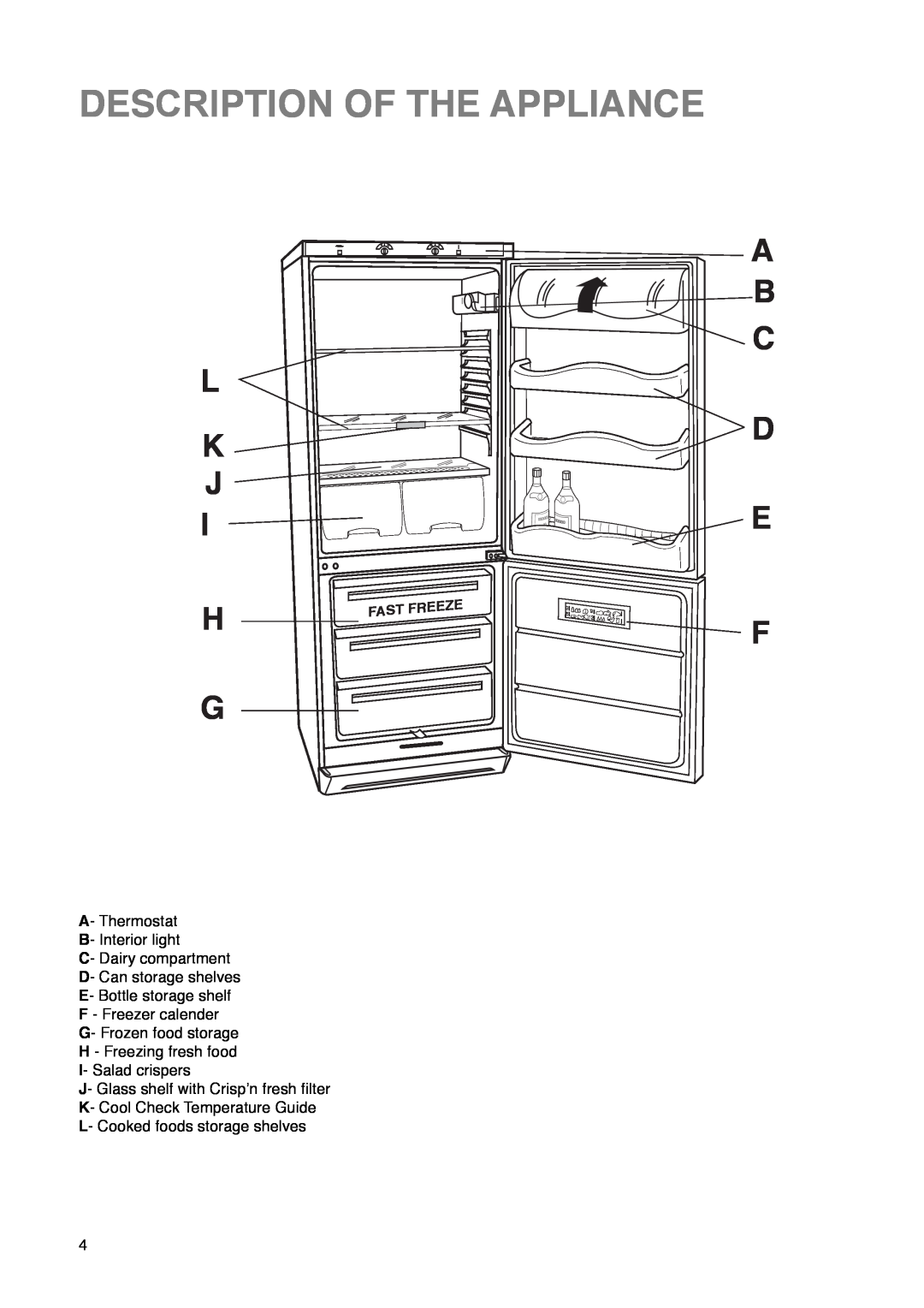 Zanussi ZK 60/30 RM manual Description Of The Appliance, L K J I H G, Fast, Freeze 