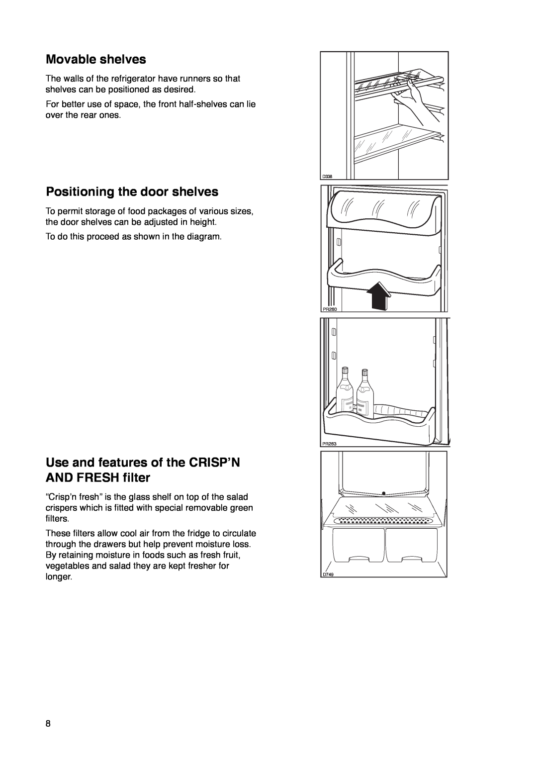 Zanussi ZK 60/30 RM manual Movable shelves, Positioning the door shelves, Use and features of the CRISPÕN AND FRESH filter 