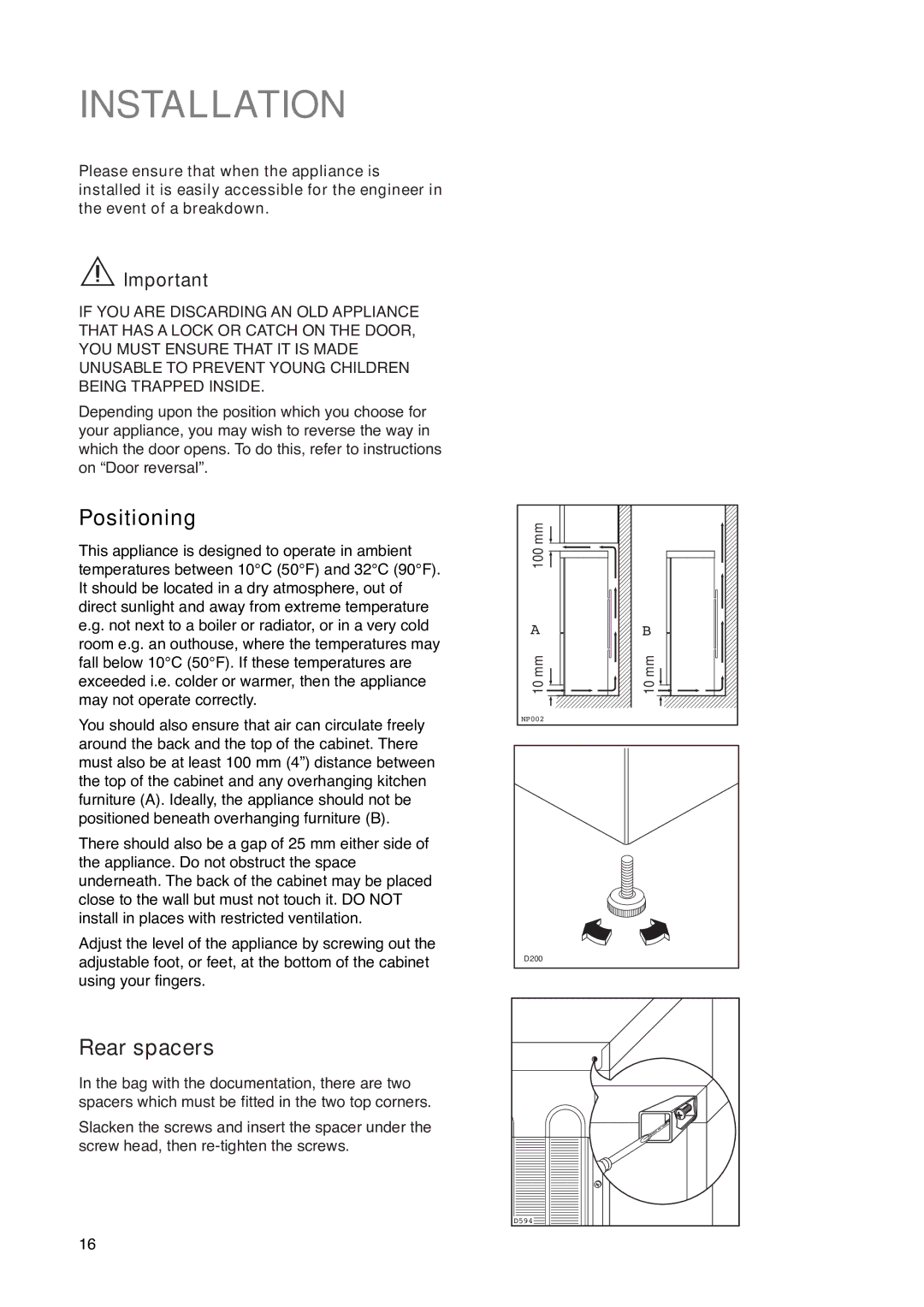 Zanussi ZK 61/27 RAL manual Installation, Positioning, Rear spacers 