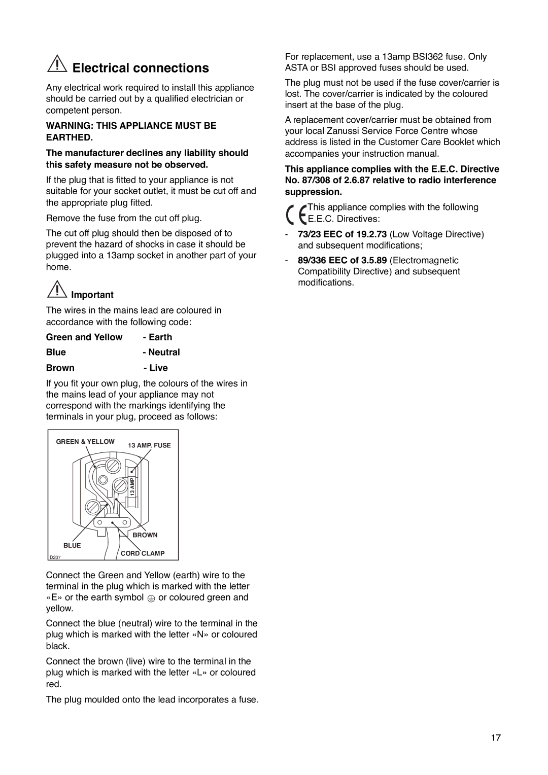 Zanussi ZK 61/27 RAL manual Electrical connections, Green and Yellow Earth Blue- Neutral Brown- Live 