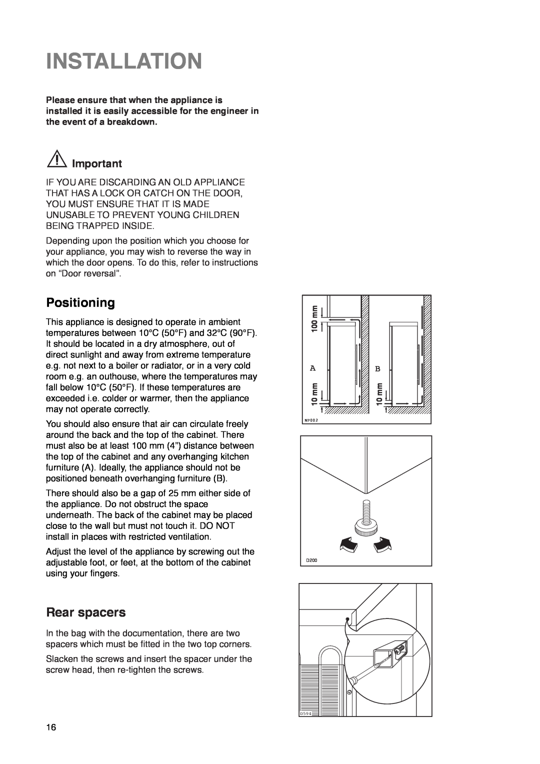 Zanussi ZK 61/27 RAL manual Installation, Positioning, Rear spacers 