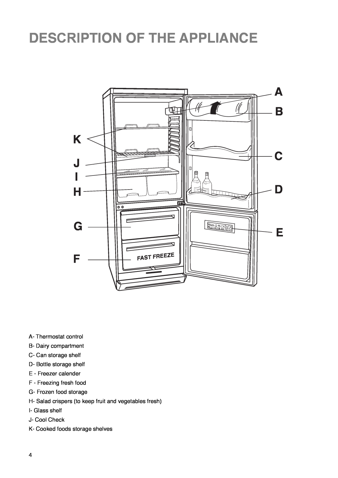 Zanussi ZK 61/27 RAL manual Description Of The Appliance, K J I H G F, A B C D E, Fast, Freeze 