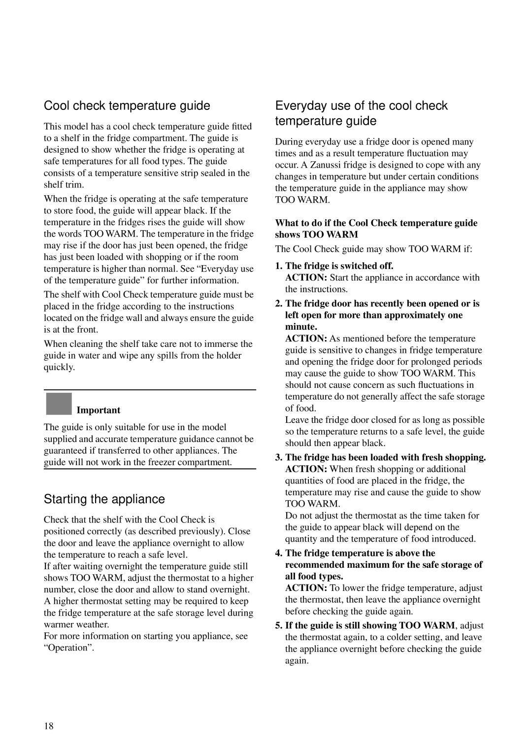 Zanussi ZKC 49/3 Cool check temperature guide, Starting the appliance, Everyday use of the cool check temperature guide 